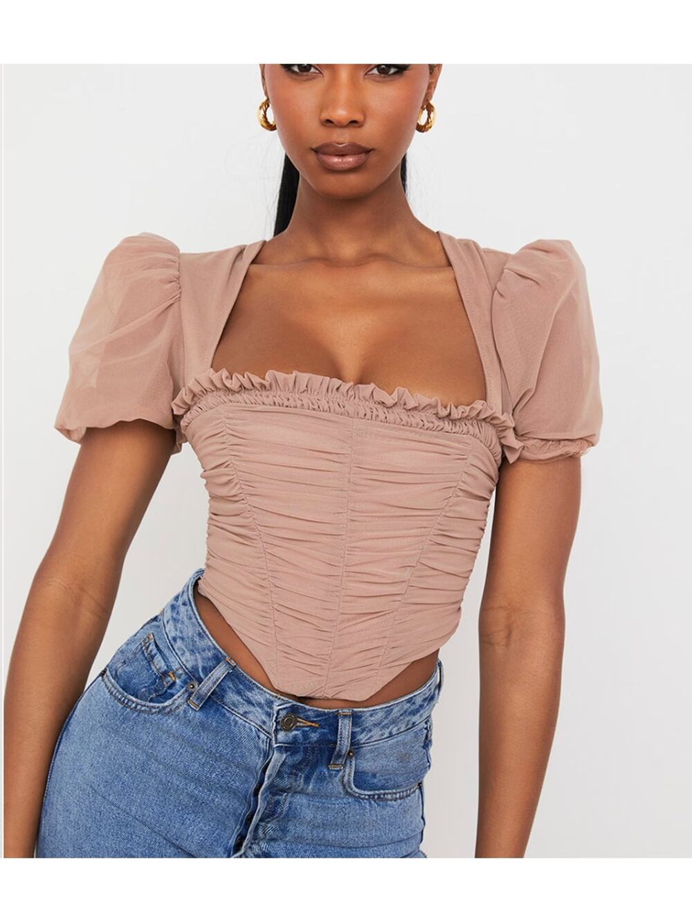 HOUSE OF CB | Norah Light Brown Ruched Puff Sleeve Mesh Corset Top | Medium